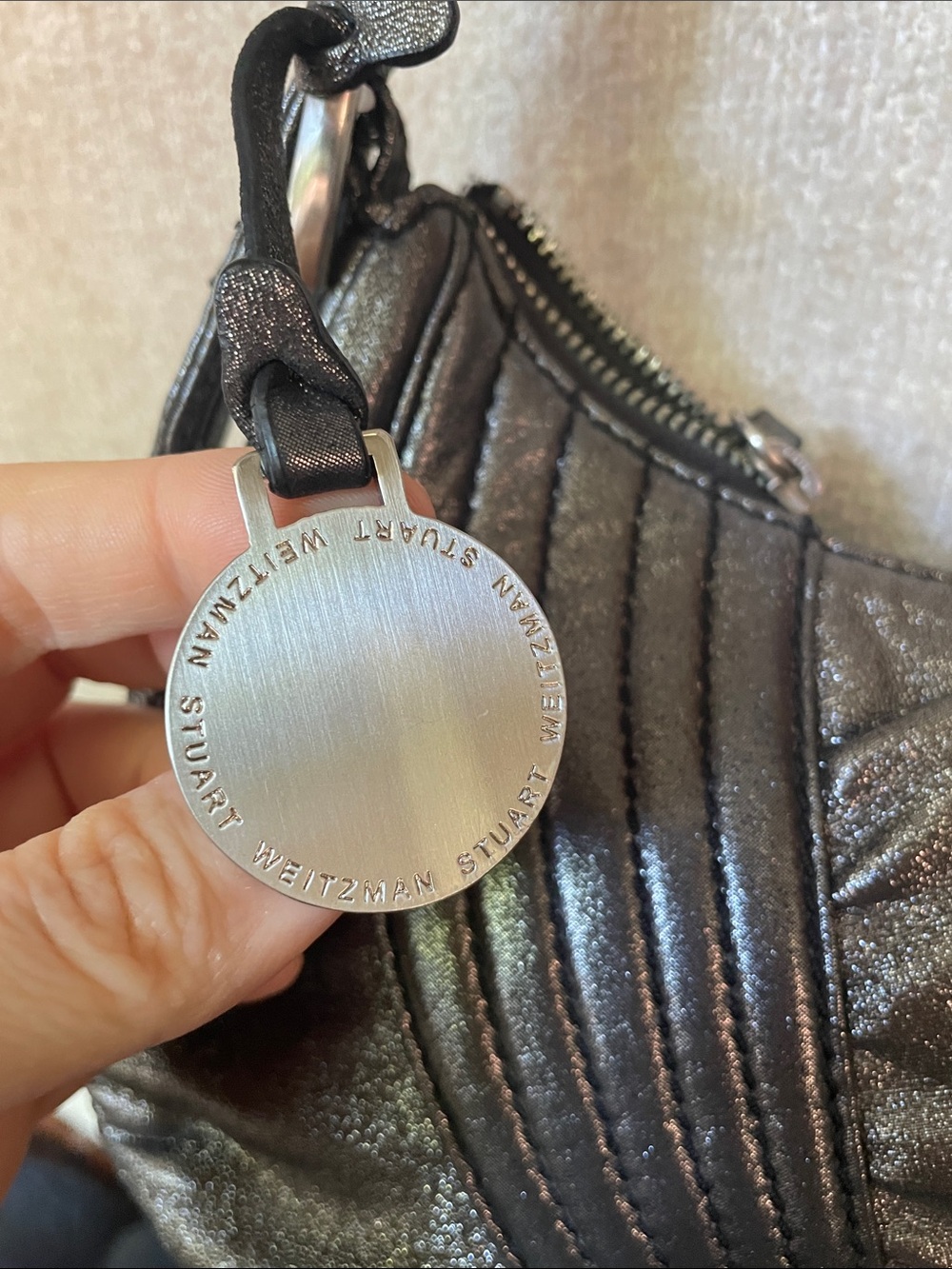 Stuart Weitzman Metallic Black Quilted Shoulder Bag Authentic - Picture 3 of 12
